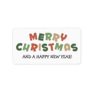 Colourful text merry Christmas happy new year Label