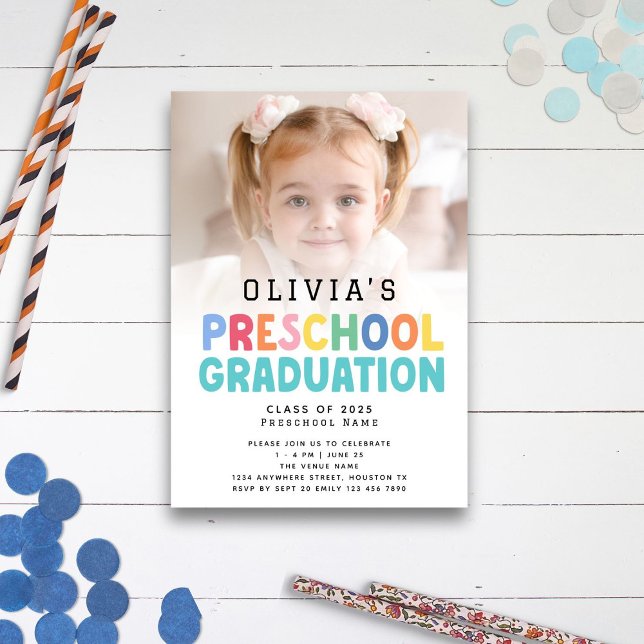 Colourful Text Photo Preschool Graduation  Invitation (main view)