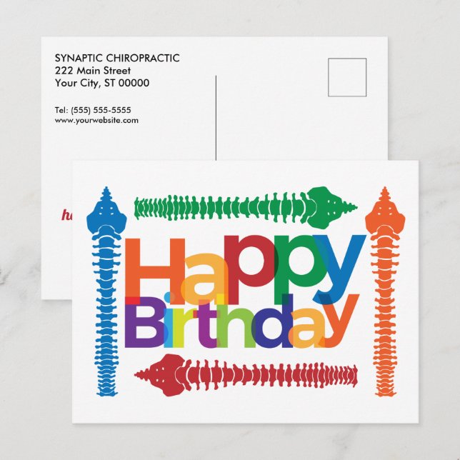 Colourful Text with Spines Chiropractic Birthday Postcard (Front/Back)