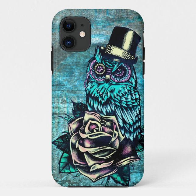 Colourful textured owl illustration on teal base. Case-Mate iPhone case (Back)