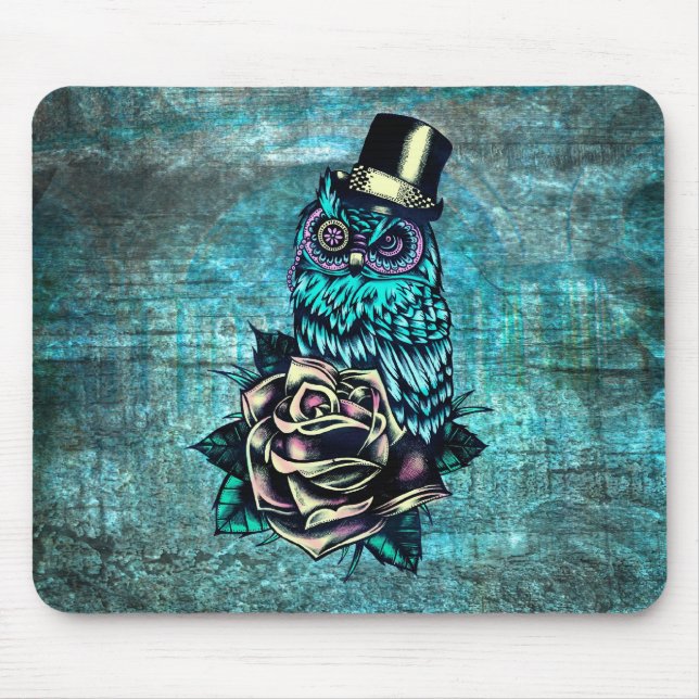Colourful textured owl illustration on teal base. mouse mat (Front)