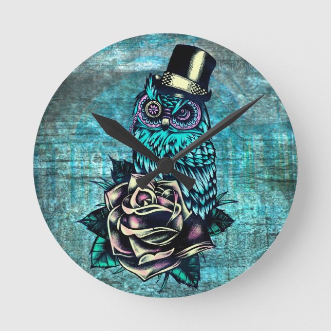 Colourful textured owl illustration on teal base. round clock (Front)