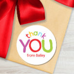 Colourful Thank You Kids Birthday Party Classic Round Sticker<br><div class="desc">This colourful thank you design features fun kid-friendly typography in bright, primary colours. Additional colour options as well as the collection of coordinating products are available in our shop, zazzle.com/doodlelulu*. Contact us if you need this design applied to a specific product to create your own unique matching item! Thank you...</div>
