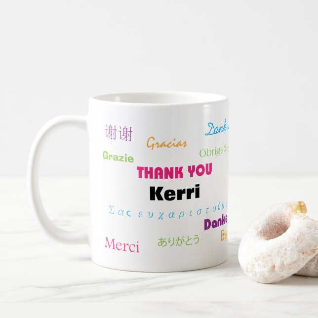 Colourful Thank You Many Languages Personalise Coffee Mug (With Donut)