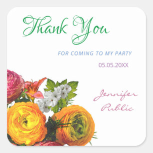 Colourful Thank You Watercolor Flowers Roses Scrip Square Sticker