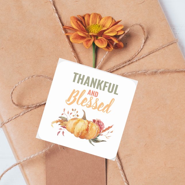 Colourful Thankful And Blessed With Pumpkin Gift Square Sticker (Creator Uploaded)