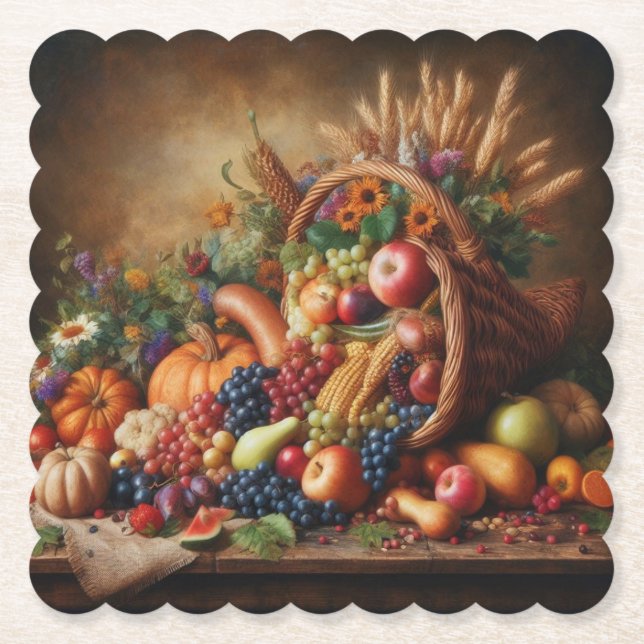 Colourful/Thanksgiving/Cornucopia/Fall Paper Coaster (Front)