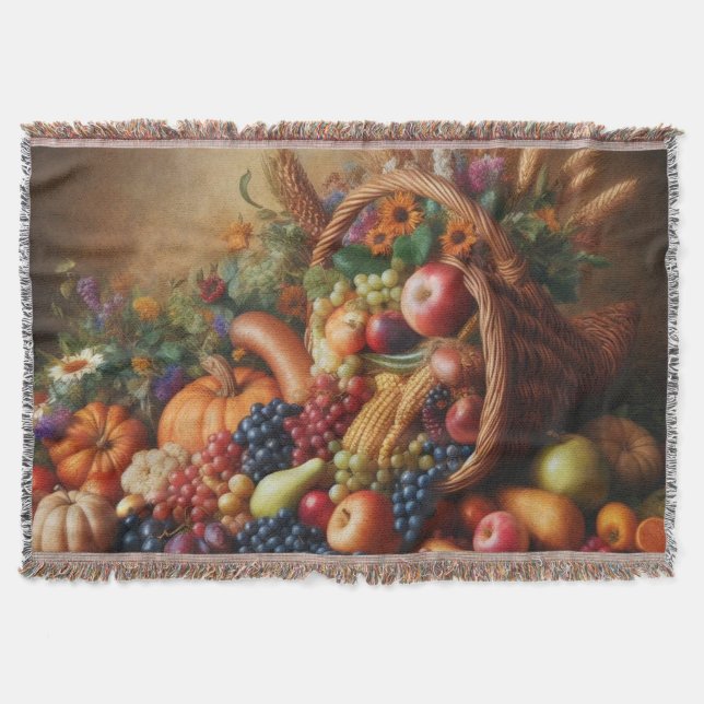 Colourful/Thanksgiving/Cornucopia/Fall Throw Blanket (Front)