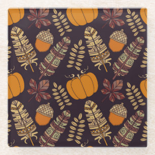 Colourful Thanksgiving Day, autumn pattern. Glass Coaster