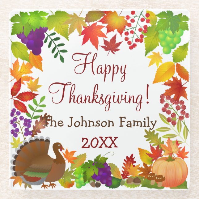 Colourful Thanksgiving Harvest Glass Coaster (Front)