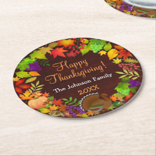 Colourful Thanksgiving Harvest Round Paper Coaster