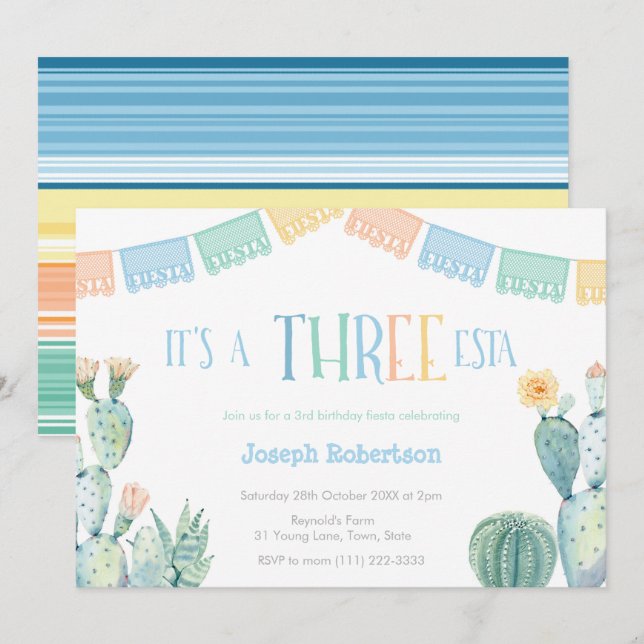 Colourful THREE-esta Mexican 3rd Birthday Party Invitation (Front/Back)