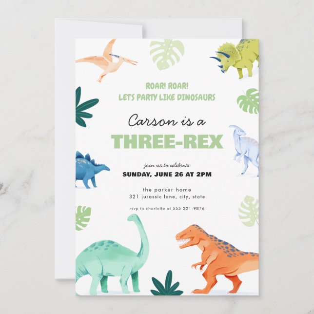 Colourful Three-Rex Dinosaur Birthday Invitation (Front)