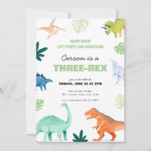 Colourful Three-Rex Dinosaur Birthday Invitation