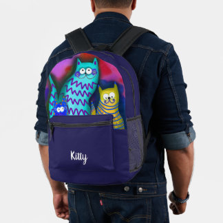 Colourful Three Whimsical Cats Personalised Printed Backpack