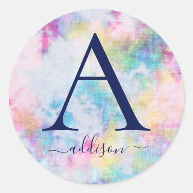 Colourful Tie Dye Girl's Monogram Personalised Classic Round Sticker (Front)