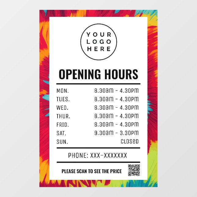 Colourful Tie Dye Opening Times With Qr Code Window Cling (Sheet)
