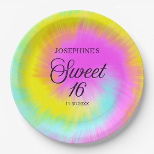 Colourful Tie Dye Pastel Boho 16th Birthday Paper Plate
