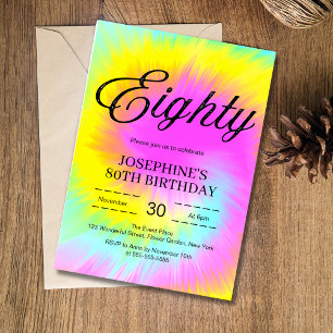 Colourful Tie Dye Pastel Boho 80th Birthday Invitation