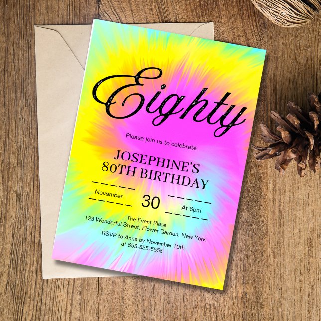 Colourful Tie Dye Pastel Boho 80th Birthday Invitation (Creator Uploaded)