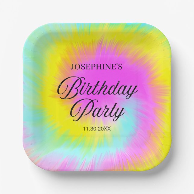 Colourful Tie Dye Pastel Boho Birthday Party Paper Plate (Front)