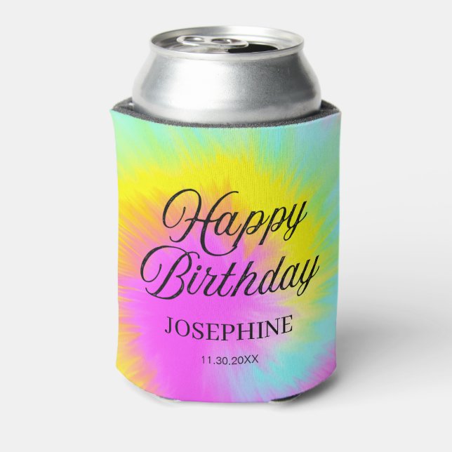Colourful Tie Dye Pastel Rainbow Happy Birthday  Can Cooler (Can Back)