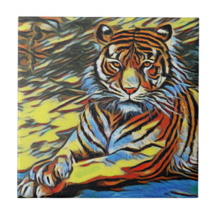 Colourful Tiger Art Painting Tile