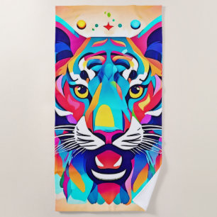 Colourful Tiger Face Art Beach Towel