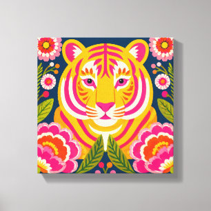 Colourful Tiger Wall Art Canvas Print Floral Anima