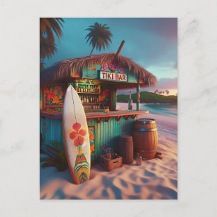Colourful Tiki Bar and Surfboard on the Beach Postcard