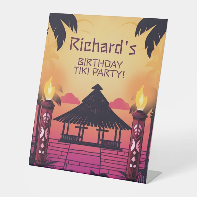 Colourful Tiki Hawaiian Birthday Party Pedestal Sign (Front)