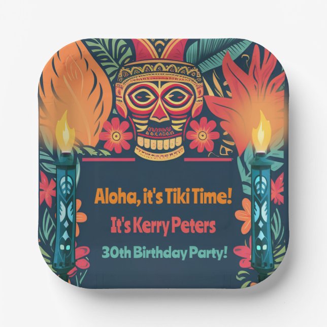 Colourful Tiki Luau Skull Backyard Birthday Party Paper Plate (Front)