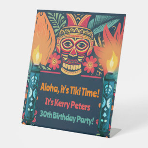 Colourful Tiki Luau Skull Backyard Birthday Party Pedestal Sign