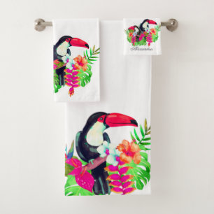 Colourful Toucan birds tropical flowers Bath Towel