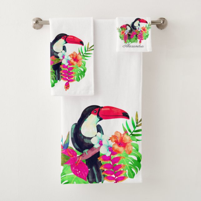 Colourful Toucan birds tropical flowers Bath Towel (Insitu)
