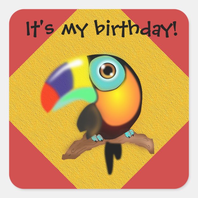 Colourful Toucan on Red and Yellow Birthday Sticke Square Sticker (Front)