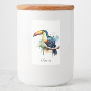 colourful toucan sitting on a  branch food label