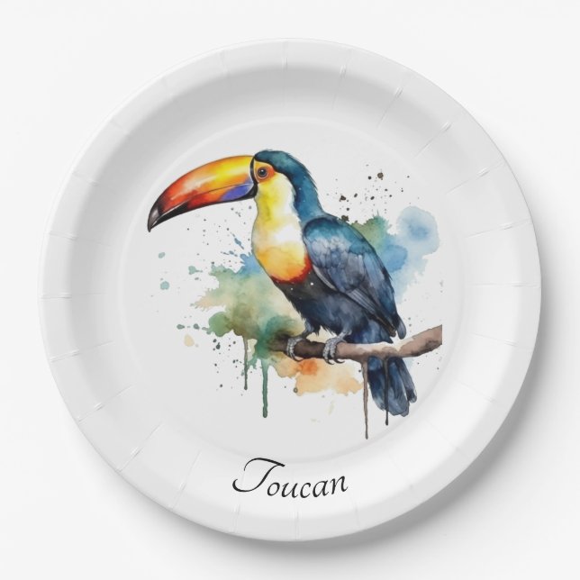 colourful toucan sitting on a  branch paper plate (Front)