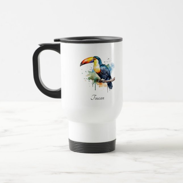 colourful toucan sitting on a  branch travel mug (Left)