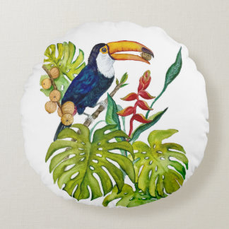 Colourful Toucan Watercolor Tropical Bird Round Cushion