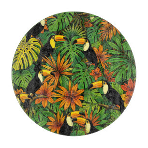 Colourful Toucans Tropical Jungle Leaves Hibiscus Cutting Board