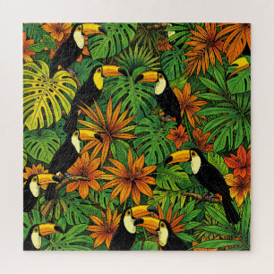 Colourful Toucans Tropical Jungle Leaves Hibiscus Jigsaw Puzzle