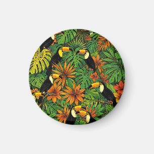 Colourful Toucans Tropical Jungle Leaves Hibiscus  Magnet