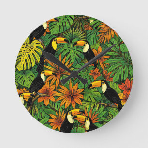 Colourful Toucans Tropical Jungle Leaves Hibiscus  Round Clock