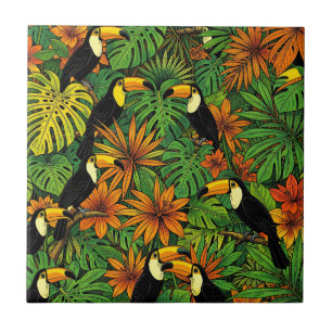 Colourful Toucans Tropical Jungle Leaves Hibiscus  Tile
