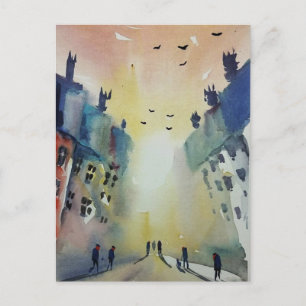 Colourful Town Watercolour post card #1