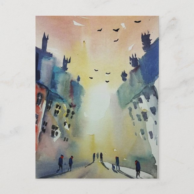 Colourful Town Watercolour post card #1 (Front)