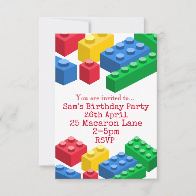 Colourful toy building bricks kid's party invitation (Front)
