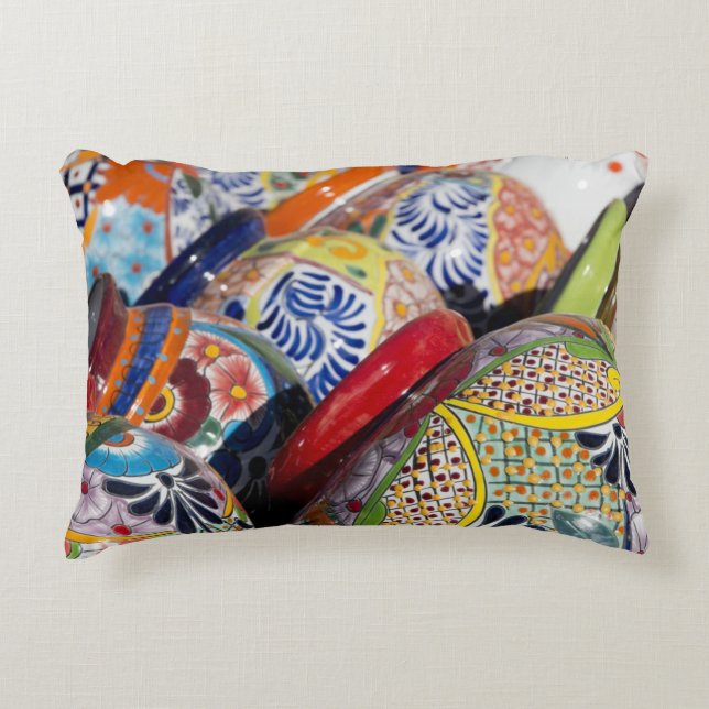 Colourful traditional hand-painted Mexican pottery Decorative Cushion (Front)