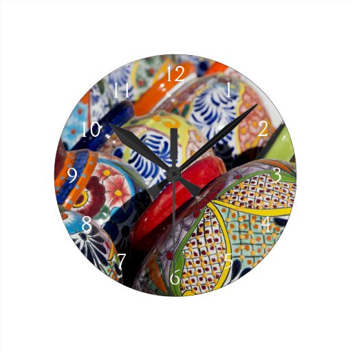 Image of Colourful traditional hand-painted Mexican pottery Round Clock